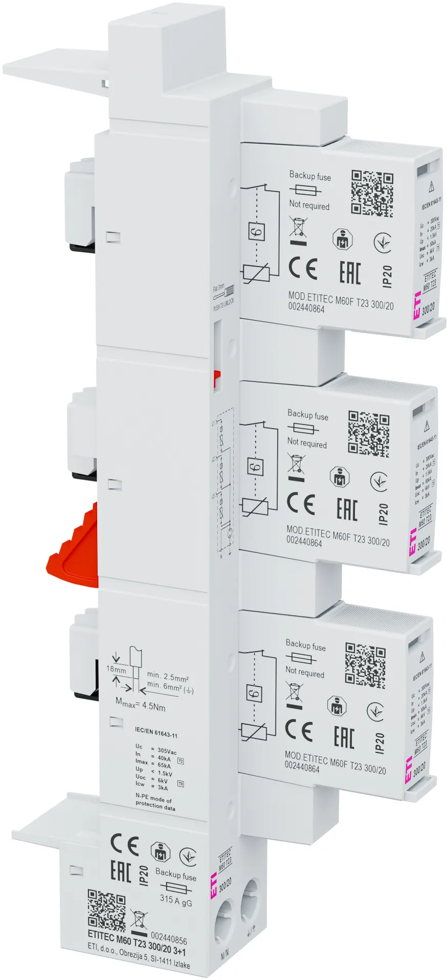 Surge arrester ETITEC M60 T23 300/20 3+1 002440856